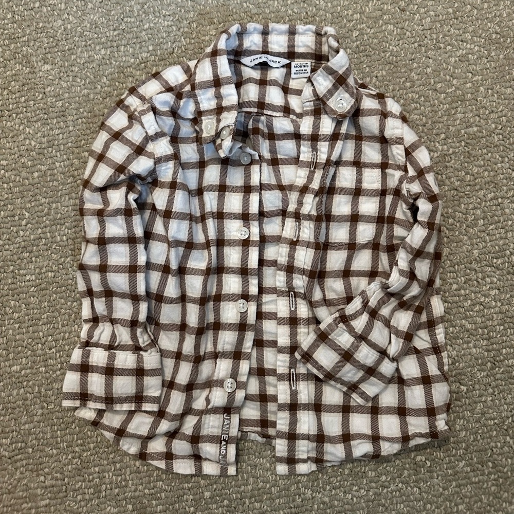 Baby Boys/Kids Janie & Jack Plaid Brown White Beige Button Down Shirt 12-18M